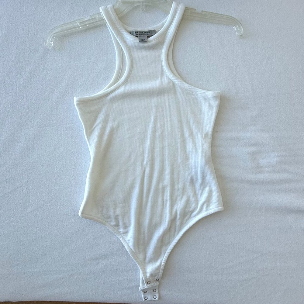ALL SAINTS white racerback ribbed jersey snap thong bodysuit US 0